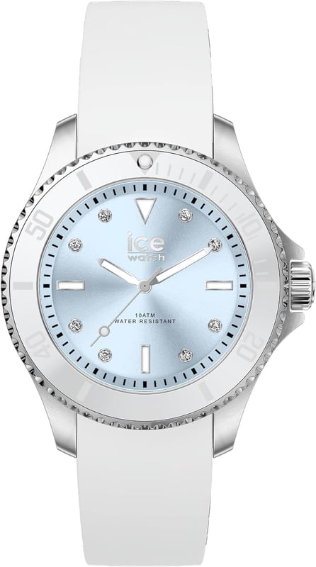 This Ice Watch Ice Steel - White Pastel Blue Analogue Watch for Women is the perfect timepiece to wear or to gift. It's Silver 35 mm Round case combined with the comfortable White Silicone watch band will ensure you enjoy this stunning timepiece without any compromise. Operated by a high quality Quartz movement and water resistant to 10 bars, your watch will keep ticking. This watch with a super soft silicone strap, will add a flash of vibrant style to all your outfits! This Analogue watch has a Calendar function: Date , Luminous Hands and Luminous Numbers High quality 16 cm length and 19 mm width White Silicone strap with a Buckle Case diameter: 35 mm,case thickness: 11 mm, case colour: Silver and dial colour: Blue