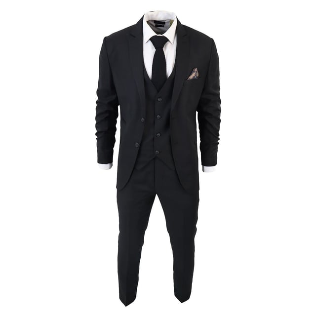 Indulge in Classic and Elegant Design with this men's 3-piece suit, featuring a timeless black color ideal for formal occasions. Product Design Bullet Points:  
Versatile Formal Attire: Suitable for weddings, business events, or special occasions, ensuring a sharp and well-dressed look.
 
Complete 3-Piece Set: Includes a jacket, vest, and trousers for a polished and coordinated outfit.
 
Premium Material: Crafted from high-quality materials for comfort and durability.
 
Tailored Fit: Offers a tailored fit that complements your body shape, enhancing your appearance and confidence.
 
Timeless Black Color: Perfect for a classic and sophisticated look, suitable for various formal settings.  Â Made from a blend of 65% Polyester and 35% Viscose for a comfortable and stylish finishSizes	Jacket & Trouser Size
36R :	36" (Chest) 30" (Waist)
38R :	38" (Chest) 32" (Waist)
40R :	40" (Chest) 34" (Waist)
42R : 	42" (Chest) 36" (Waist)
44R :	44" (Chest) 38" (Waist)
46R : 	46" (Chest) 40" (Waist)
48R :	48" (Chest) 42" (Waist)
50R :	50" (Chest) 44" (Waist)
52R :	52" (Chest) 46" (Waist)
54R :	54" (Chest) 48" (Waist)