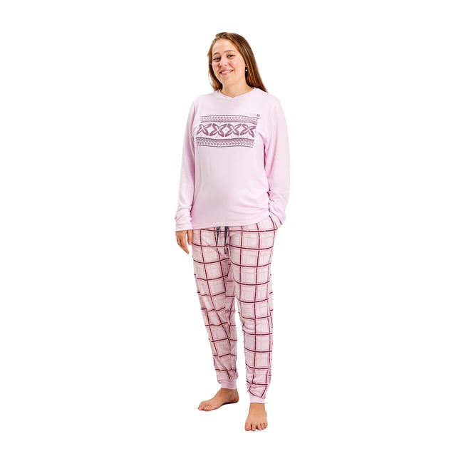 München långärmad pyjamas.\n Ljusrosa färg\n Långärmad T-shirt med rund halsringning.\n Rutigt tryck.\n Design med varumärkesgrafik.\n Långa byxor.\n Elastiskt midjeband.\n Raka fållar.\n Sömmarna syns i ton.\n\n Sammansättning: 96% polyester, 4% elastan.\n\n -Tvättas i max temperatur. 30º.\n -Använd inte blekmedel.\n -Torka i max temperatur. 110º.\n -Har inte stöd för kemtvätt.\n -Tillåter dig att använda en torktumlare.\n Sammansättning: 96% polyester, 4% elastan.\n Skötsel:\n-Tvätta i max temperatur. 30º.\n -Använd inte blekmedel.\n -Torka i max temperatur. 110º.\n -Har inte stöd för kemtvätt.\n -Tillåter dig att använda en torktumlare.