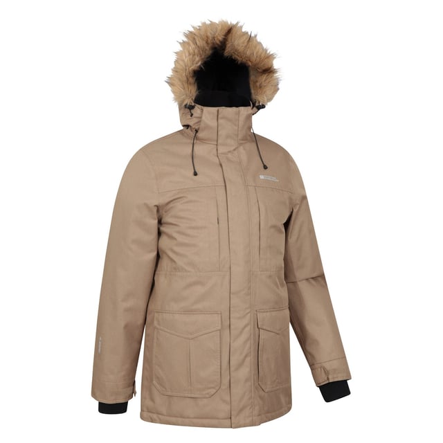 Material: Acrylic, Elastane, Modacrylic, Polyester. Fabric: Microfibre. Design: Logo, Text. Fabric Technology: Breathable, Heat Retention, Insulating, IsoDry, Lightweight, Moisture Wicking, Waterproof. Cuff: Adjustable Wrist Strap, Stretch. Neckline: Hooded. Sleeve-Type: Long-Sleeved. Taped Seams. Hood Features: Drawcord, Faux Fur. Length: Long. Pockets: 2 Chest Pockets, 2 Front Pockets. Fastening: Full Zip, Stormflap, Stud. Waterproof Rating: 5000mm.