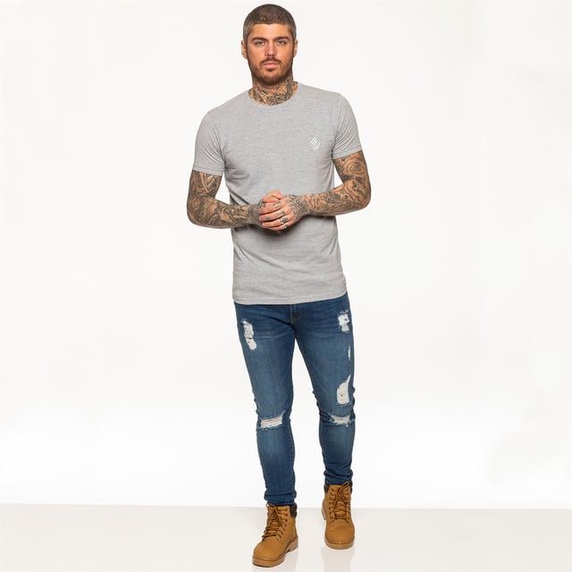 Enzo Camiseta gris de diseño atlético muscular delgado para hombres, tela extra elástica proporciona comodidad y se ajusta perfectamente al cuerpo, logotipo bordado de Enzo en la parte delantera, cuello redondo y mangas cortas, 95% algodón, 5% elastano, lavable a máquina y es ideal para ropa de gimnasio y casual.