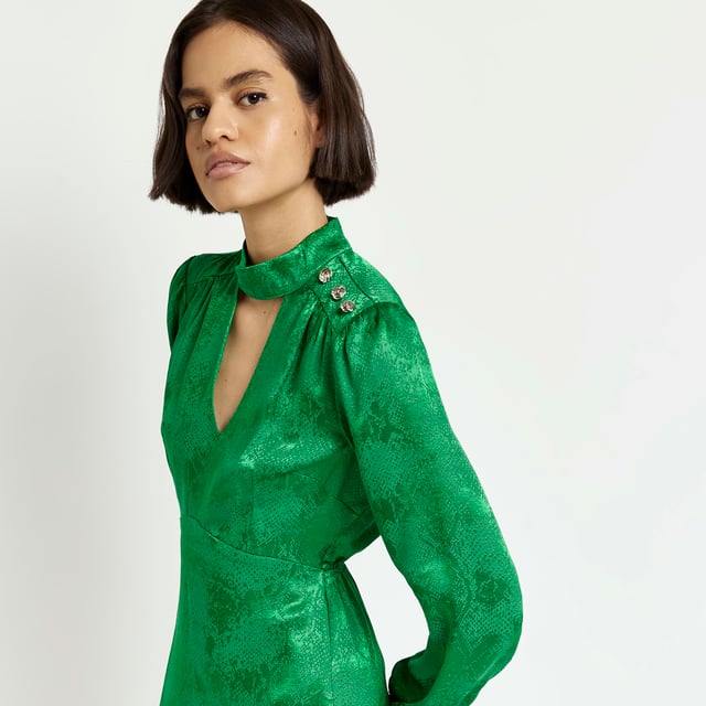 River Island Womens Midi Dress Green Satin Long Sleeve