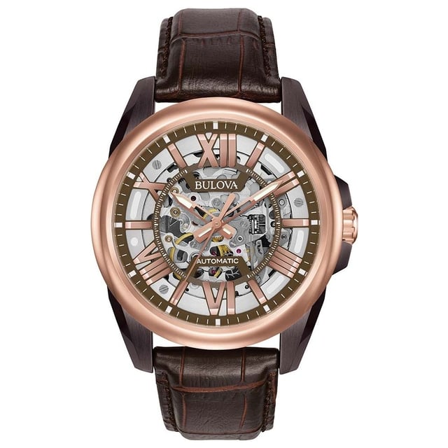 This Bulova Automatic Analogue Watch for Men is the perfect timepiece to wear or to gift. It's Multicolour 43 mm Round case combined with the comfortable Brown Leather watch band will ensure you enjoy this stunning timepiece without any compromise. Operated by a high quality Automatic movement and water resistant to 10 bars, your watch will keep ticking. Get all the comfort with this fashionable croco-embossed leather band, perfect for every occasion High quality 21 cm length, 20 mm wide Brown Leather strap with a Buckle Case diameter: 43 mm, Case height: 12 mm and Case color: Multicolour/Dial color: Multicolour