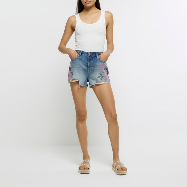 River Island Womens Shorts Blue Diamante Floral Denim