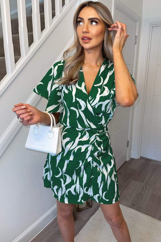 Green And White Printed Gathered Mini Dress — free download