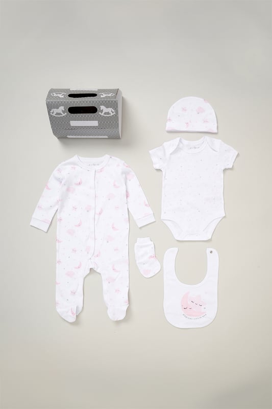 Surprise new parents with the printed 5-Piece baby gift Set from Rock A Bye Baby Boutique. This thoughtful bundle includes a cosy matching all-in-one, bodysuit, bib, hat, and mitts for essential wardrobe pieces. Crafted from 100% cotton, each item ensures their baby stays stylish and snug, perfect for everyday wear or special occasions. Packaged elegantly in a mesh bag.