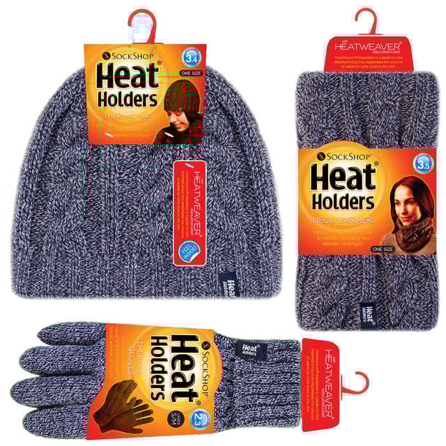 This ladies chunky cable set is knitted in an attractive, soft marl two-coloured twist yarn with a ribbed hem and incorporates the latest Heatweaver thermal lining, a luxurious, plush fur-like insulating fabric, that maximises the amount of warm air held close to the skin. It also feels so soft and silky, They are bliss to pull on when the weather turns colder! Protective Cuff - Improves fit and provides a protective sleeve that hugs the wrist for extra warmth and comfort. Heat Holders Converter Mitt - 2.3 tog Heat Holders' versatile converter mitt can simply fold over the fingers to create a warm and cosy mitten. Heat Holders Hat - 3.4 Tog rating - the tog rating is a measurement for the thermal ability of a garment Neck Warmer - Simply slip over the head with Heatweaver thermal lining, 3.5 tog