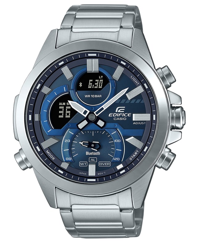 This Casio Edifice Analogue-Digital Watch for Men is the perfect timepiece to wear or to gift. It's Silver 46 mm Round case combined with the comfortable Silver Stainless steel watch band will ensure you enjoy this stunning timepiece without any compromise. Operated by a high quality Quartz movement and water resistant to 10 bars, your watch will keep ticking. This fashionable, classic watch is a perfect gift for New Year, birthday,valentine's day and so on -The watch has a calendar function: Day-Date, Bluetooth, Stop Watch, Worldtime, Alarm, Light High quality 21 cm length and 21 mm width Silver Stainless steel strap with a Fold over with push button clasp Case diameter: 46 mm,case thickness: 13 mm, case colour: Silver and dial colour: Blue