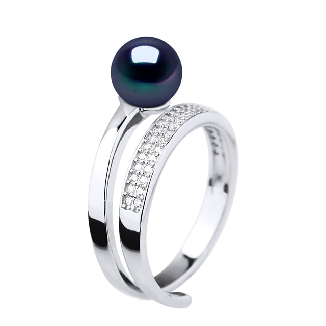 Anillo Rush Genuine Freewater Pearl Round 7-8 mm - Calidad AAAA + - Colori Black Tahiti - óxidos de pavimentación de circonio - Ajustable del tamaño 48 al tamaño 62 - 925 milésimas de rodio - 2 años Garantía contra defectos de fabricación - Entregado en un caso de presentación con un caso de presentación con un Certificado de autenticidad y una garantía internacional: todas nuestras joyas se hacen en Francia.