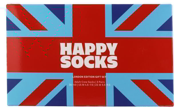 Happy Socks London Union Jack Gift BoxElevate your wardrobe with Happy Socks’ London Union Jack Gift Box. The set includes 3 pairs of vivid socks, each bearing unique London-inspired designs - Royal guards, iconic red buses, or the monarch's crown. A perfect London memento. Produced from high-quality combed cotton, these socks promise both comfort and durability.With their fun designs and superior material, Happy Socks are more than just socks. They offer an effortless blend of comfort, style, and personality to your everyday attire. Suitable for all seasons, these socks provide a delightful fit. The Happy Socks London Union Jack Gift Box offer several positives. Their distinctive patterns add a touch of British flair to your look while the premium cotton guarantees sustained comfort. Moreover, their superior-material supports healthy foot hygiene, keeping your feet fresh all day long. Experience the unbeatable combination of comfort, style, and quality with Happy Socks London Union Jack Gift Box - your top pick for lively sock wear.Essential Product Details- Bright and eye-catching designs- Superior-grade material- Unique London-inspired patterns- Suitable for all seasons- Works well with casual and formal outfits.