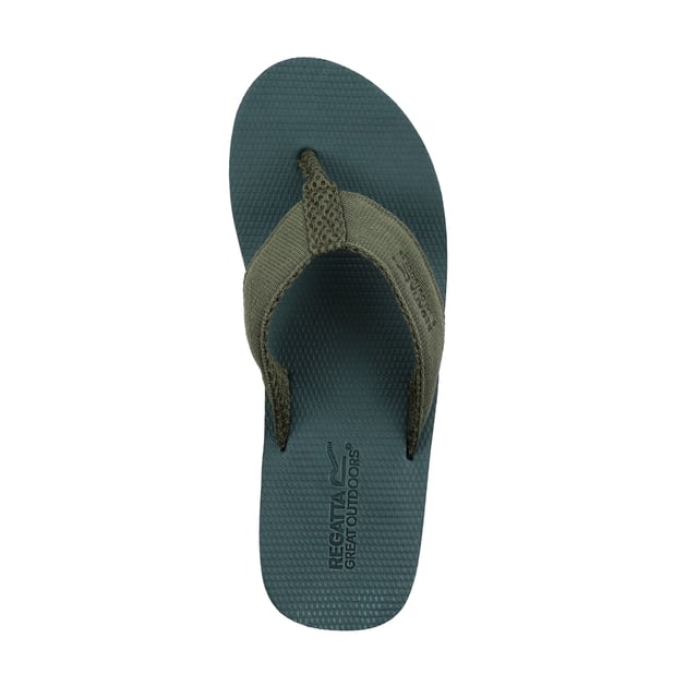 Regatta Mens Rico Flip Flops (Sea Pine/Ivy Moss) 50% Ethylene-vinyl Acetate, 50% Textile/PU. Flip flops with toe post design for easy wear and removal. Air mesh upper for breathability and comfort. Lightweight and cushioned EVA sole unit. Ideal for outdoor use on hot days. Wipe clean.