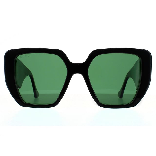 Gafas de sol Gucci cuadradas para mujer en negro y verde con espirales. Gucci presenta un marco de acetato súper grueso con patillas anchas y un logotipo GG metálico entrelazado extra grande.