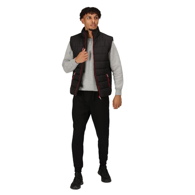 Material: 100% Polyester. Fabric: Ripstop. Design: Quilted. Fabric Technology: Thermal, Warmloft, WR Cire Finish. Neckline: High-Neck. Sleeve-Type: Sleeveless. Pockets: 1 Chest Pocket, 2 Side Pockets, Zip. Fastening: Full Zip. Made from Recycled Materials.