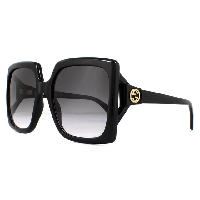 Gucci Sunglasses GG0876S 001 Black Grey Gradient are a large oversized style with a square shape featuring the interlocking GG Gucci logo on the hinges for that authentic Gucci look.