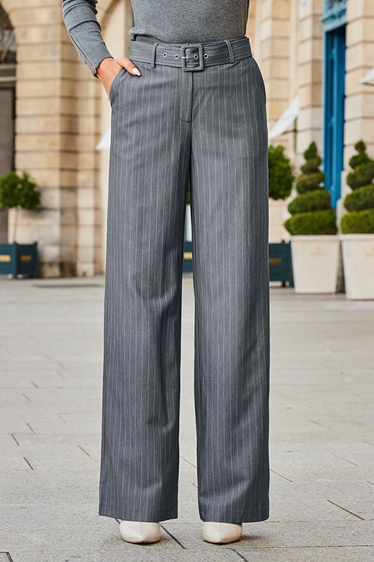 Grey Pinstripe Belted Wide Leg Trousers