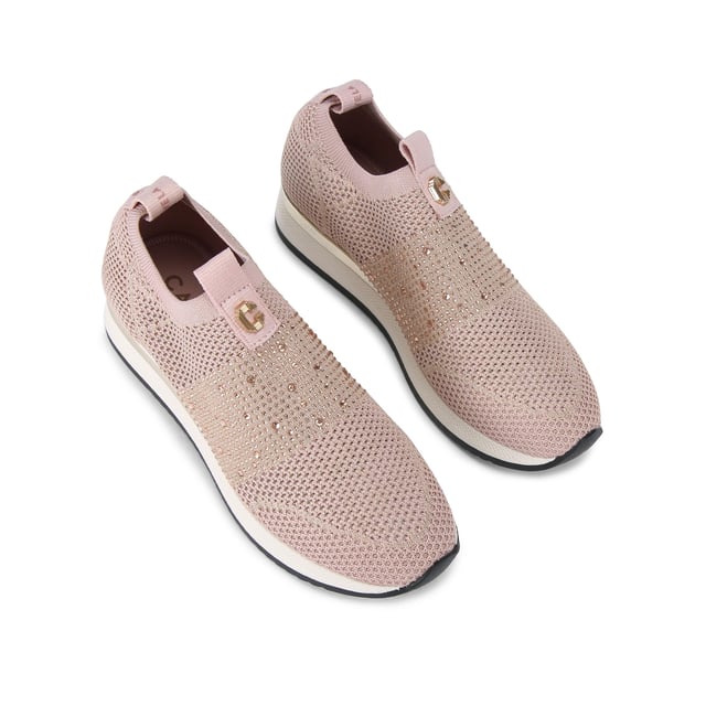 The Carvela Janeiro2 trainer features a pale pink knitted upper in a low top sock-style. There is a pink crystal embellishment across the toe with gold Icon C metal stud. This product features All Day Long Technology.