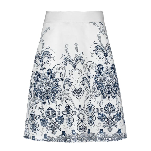 Esta falda cloche de diseño estilo paisley está confeccionada en una mezcla de viscosa tejido. Tiene una cinturilla de 5 cm en el mismo material. La falda se cierra en la parte posterior con un zip de plástico oculto. Hay 2 bolsillos ribeteados a los lados que se cierran con un zip oculto. Esta falda está completamente forrada en tela ecru y es de largo hasta la rodilla. Perfecta para el trabajo o para usar a diario. Combínala con una blusa ajustada y unos mules para un acabado chic.