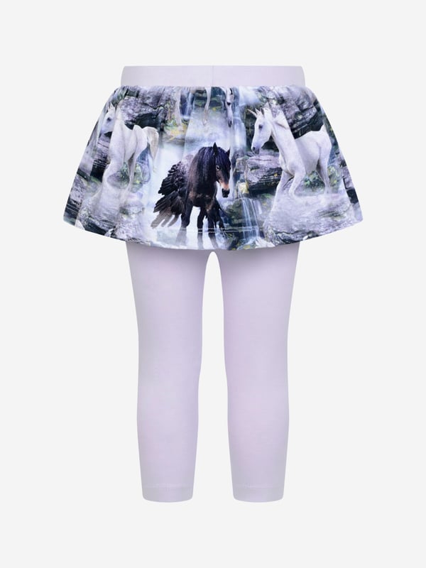 Molo project fun Scandinavian properties and stellar sustainability into their eccentric abstracts.¬†These baby girls oriental peacock leggings are a captivating piece. Made in luxurious high quality. They showcase Pegasus and unicorn imagery as an all-over pattern to project the idea of movement.  Cotton