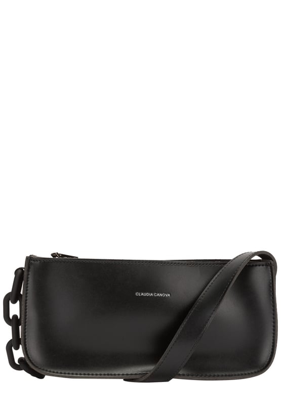 An urban twist on the classic shoulder bag, introducing your new wardrobe staple! This minimalistic classic take on the 90’s statement piece features a shoulder strap that’s half PU leather and half a chunky chain to give this contemporary design a subtle hint of attitude while keeping your comfort in mind. Features: , CLAUDIA CANOVA debossed logo, Zip top fastening, Shoulder strap with chunky chain detailing, Inner slip and zip pockets Style Ref: 84679 BLACK