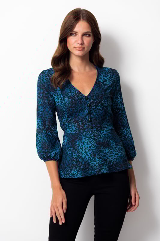 REASONS TO BUY


Because you always have room in your wardrobe for animal print
Peplum waist creates the perfect silhouette
Plunging V-neck, perfect for all bust sizes
Button detail for a luxe look
Effortlessly chic
Pair with black jeans or cropped trousers to nail the ‘jeans and a nice top’ dress code