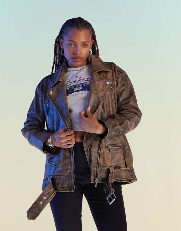 ASOS DESIGN premium washed real leather oversized biker jacket in