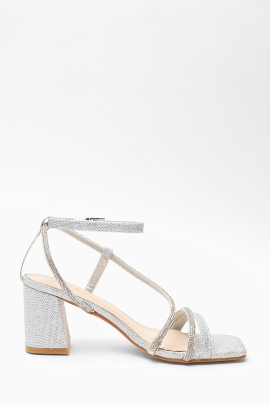 Silver Diamante Block Heeled Sandals - Shimmer finish - Diamante embellishment - Asymmetric strap - Buckle fasten - Block heel - Heel height: 7cm / 2.8" approx