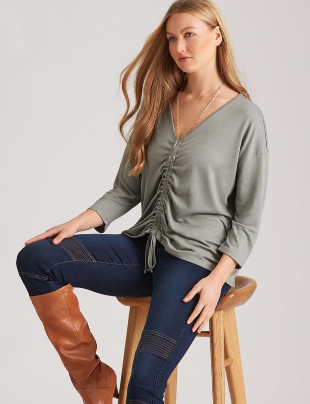 KATIES Womens Tops Khaki Grey Rusched Front Top 3 4 Sleeve Blouse V Neck Tie Front Lightweight Smart Casual Shirt Women s Clothing