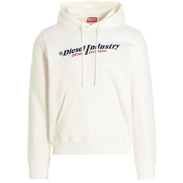 Diesel White Hoodie, 100% Cotton, Large Kangaroo Pocket, Regular Fit, Fits True To Size, Ribbed Sleeve and Waist Endings, White Hoodie