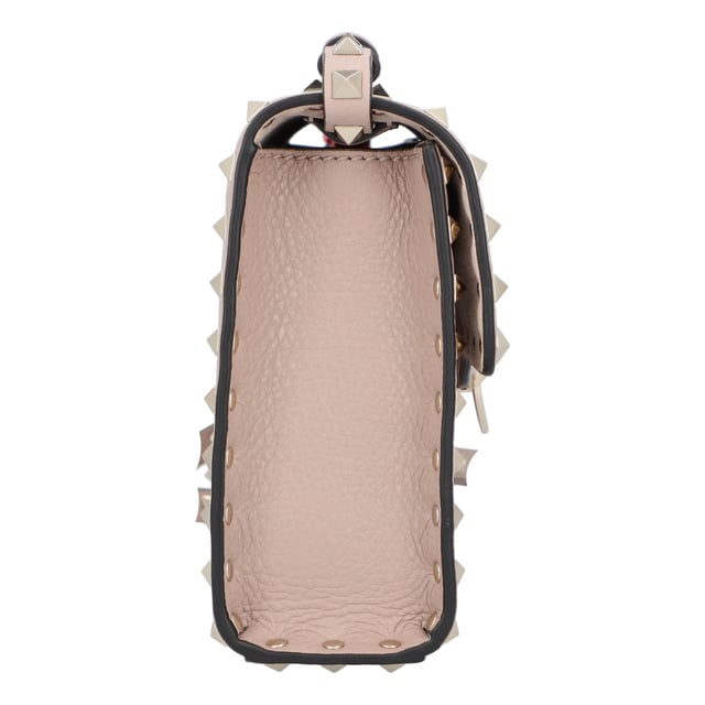 Simple in size and shape, this Rockstud small crossbody bag from Valentino will never go out of style. Made from grainy calfskin leather, it boasts platinum-finish studs and hardware, hook closure, an adjustable strap, cotton lining, and a flat open pocket. - Bag measures approximately 22.5cm x 15cm x 6cm.