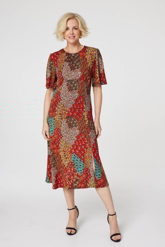 Orange Peacock Print Jersey Midi Dress
