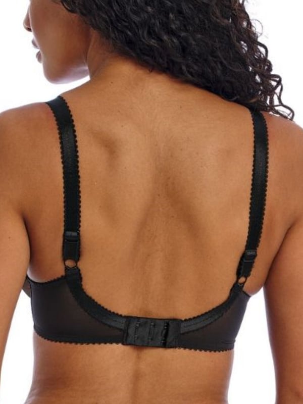Freya Loveland Plunge Bra. With embroidered geometric design, a plunge neck and plain powernet wing. Product is recommended hand-wash only.