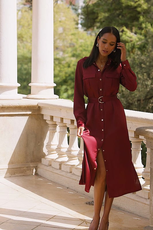 A do it all dress
Slinky satin fabric feels amazing
Utility styling for an on-trend look
Cinch your waist with the statement belt
Add courts or ankle boots for the office
Take it out-out with strappies and hoop earrings