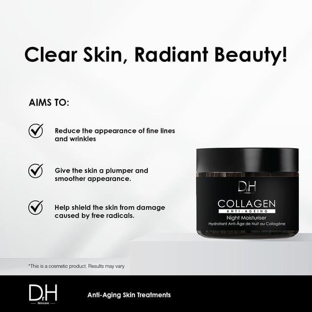 Dr H Collagen Anti-Ageing Night Moisturiser is a hydrating and rejuvenating formula that contains collagen amino acids and Fagus Sylvatica Bud Extract to promote youthful skin. This clean beauty product is designed to smooth and brighten the complexion, while also providing essential hydration and improving the skin's texture. Experience the benefits of this advanced formula for a healthy and glowing complexion.