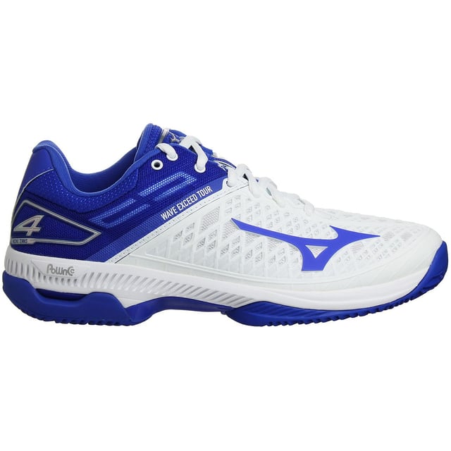 The Mizuno Wave Exceed Tour 4 CC Women's White Trainers are a stylish and high-performance footwear option designed for tennis enthusiasts and athletes seeking excellent comfort, support, and agility on the court. These trainers are part of Mizuno's renowned Wave Exceed Tour series, which is known for its cutting-edge technologies and innovation. Let's explore the key features of these tennis shoes:

Key Features:

 DynamotionFit Technology:  The trainers feature Mizuno's DynamotionFit technology, which ensures a secure and glove-like fit. This innovative design reduces stress on the foot and allows for natural movements, providing optimal comfort during intense gameplay.

 Wave Technology:  The Wave Exceed Tour 4 CC incorporates Mizuno's Wave technology in the midsole. The Wave plate enhances stability, cushioning, and responsiveness, providing excellent shock absorption and energy return during fast movements and abrupt stops.

 CC Sole Construction:  The trainers are equipped with a CC (Clay Court) sole construction, optimized for use on clay tennis courts. The outsole's herringbone pattern offers exceptional traction and grip, ensuring precise movements and rapid changes of direction.

 Lightweight and Breathable:  The upper of the trainers is crafted from lightweight and breathable materials, enhancing ventilation and reducing heat build-up. This keeps the feet cool and dry, even during extended matches.

 Durable Build:  Mizuno has designed these trainers with durability in mind. The reinforced toe cap and sturdy materials withstand the rigors of tennis play, ensuring the shoes remain in excellent condition over time.

 Padded Collar and Tongue:  The trainers feature a padded collar and tongue, providing additional comfort and reducing friction around the ankle area.