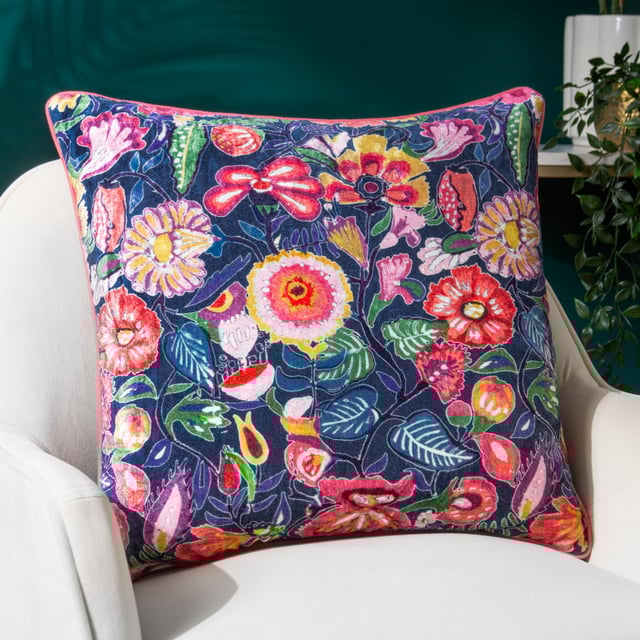 Indulgent with a beautiful jewel-like quality, it's ideal for a magpie collector of all things eye-catching! The Glorine cushion features a collage of vibrant florals standing out against a dark viscose-cotton velvet background. With a 100% cotton reverse, this design is ideal for those who enjoy making a statement in their home.