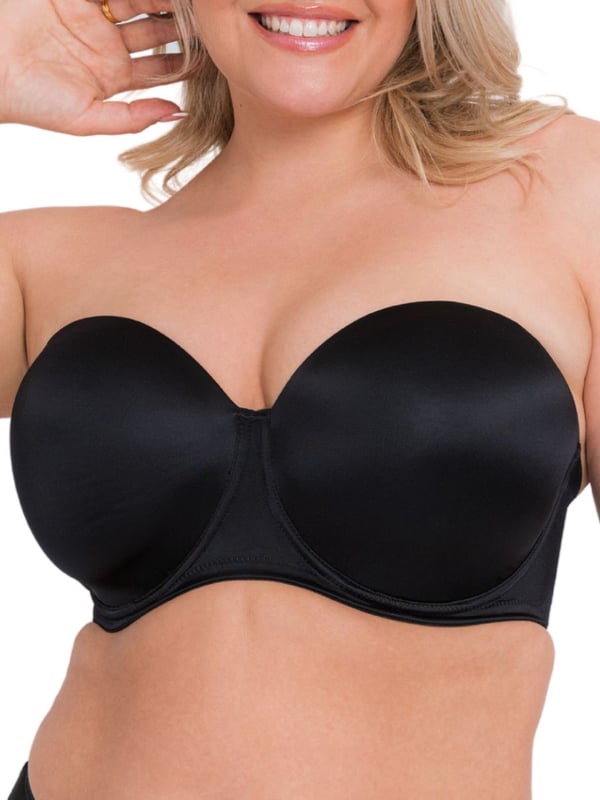 Curvy Kate Smoothie Strapless Moulded Bra. With an inner sling to keep the cup rounded and supported. Features silicone strips to prevent slippage. The product is recommended for hand wash only.