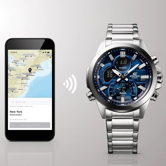 This Casio Edifice Analogue-Digital Watch for Men is the perfect timepiece to wear or to gift. It's Silver 46 mm Round case combined with the comfortable Silver Stainless steel watch band will ensure you enjoy this stunning timepiece without any compromise. Operated by a high quality Quartz movement and water resistant to 10 bars, your watch will keep ticking. This fashionable, classic watch is a perfect gift for New Year, birthday,valentine's day and so on -The watch has a calendar function: Day-Date, Bluetooth, Stop Watch, Worldtime, Alarm, Light High quality 21 cm length and 21 mm width Silver Stainless steel strap with a Fold over with push button clasp Case diameter: 46 mm,case thickness: 13 mm, case colour: Silver and dial colour: Blue