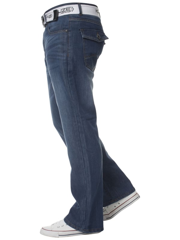 Kruze Herren Bootcut Denim-Jeans mit Kontrastnähten und Zip Fly-Verschluss. Ausgestattet mit einem 5-Taschen-Design mit Klappe geknöpft Gesäßtaschen, gebrandmarkt Knöpfe und Nieten. Ideal für Freizeit- und Arbeitskleidung.