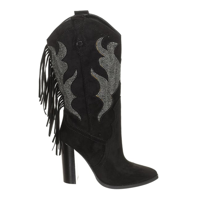 Botas de tacón.
Color Negro
Acabado en ante.
Puntera acabada en punta.
Caña con piedras strass y flecos en parte trasera.
Plantilla personalizada por la marca.
Suela antideslizante.
Costuras vistas a tono.

Medidas:  Caña: 27cm - Tacón: 10cm

Composición:  Exterior: Sintético; Interior: Piel; Suela: Sintético, Téxil

Limpiar con un paño húmedo.