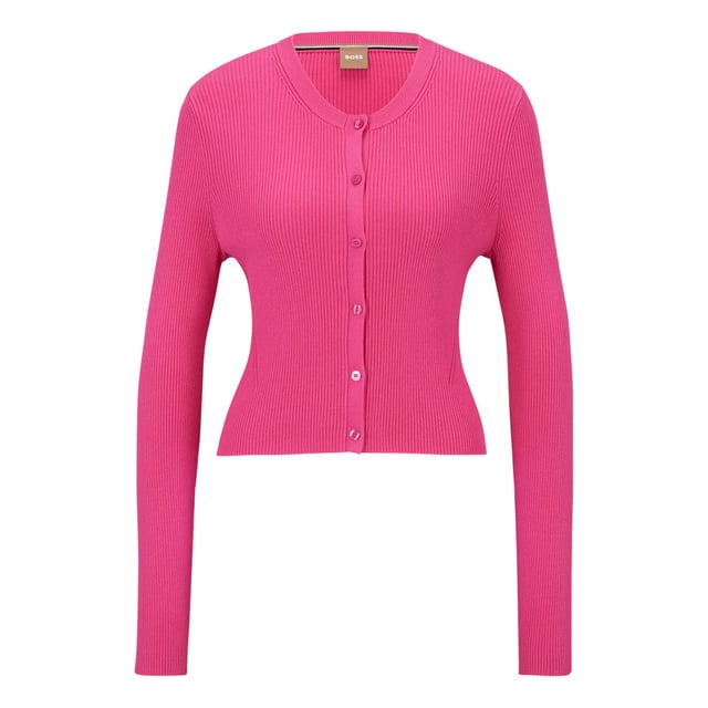Womens BOSS Fahara Cardigan in pinkA versatile button-front cardigan in ribbed fabric by BOSS Womenswear detailed with a logo trim at the back neck- Crew neck.- Long sleeves.- Button fastening.- Rib knit.- 76% Viscose  24% Polyamide.  Hand wash.- Ref: 50486059-661