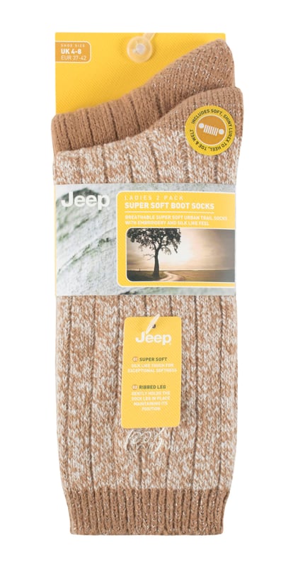 Jeep Socks for Women include all the durable and resilient qualities that the well-reputed brand is known for, but maintain the style and comfort that women have come to expect from their socks. This range of Ladies Jeep socks are perfect for matching your trekking gear, or even if you are looking to update your winter sock collection. Luxuriously soft and silky, these 2 pack Jeep boot socks for ladies are ideal for casual and urban outdoor activities. These super soft socks are made from performance polyester with a layer of terry cushioning for added comfort. The uber soft touch yarn feels warm to the skin and helps to retain warmth. They are are knitted in a classic wide rib pattern that will look fabulous in any pair of boots! For a subtle fashion statement, these socks feature a Lurex glitter cuff design which adds a lovely sparkle to your ensemble! These socks come in a pack of 2. They are made from 97% Polyester 3% Elastane. They are available in sizes 4-8 UK.