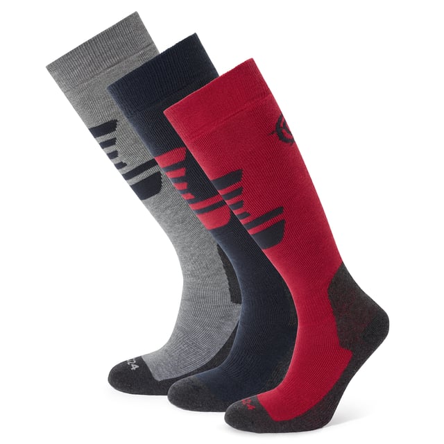 Our Bergenz Ski Socks are designed to be the perfect ski sock for anybody, no matter their level of ski expertise. Made from an ultra comfy merino blend, these socks have comfort at their core. Key sections of the sock are cushioned to prevent blistering and discomfort on the skin, keeping the cushioning focussed on key, high-contact, parts of the foot and shin stops these socks being too heavy and cumbersome, ensuring great flexibility on the slopes. Re-inforced heel and toe areas offer additional protection and non-slip cuff grips keep your socks where you need them to be. These 3 Packs give you 3 pairs of socks in a range of colours, so you can look as good as you feel.