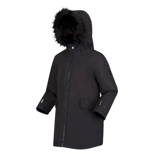 Regatta Childrens/Kids Adelyn Waterproof Parka (Black) Material: 100% Polyester. Fabric: Pongee. Lining: Taffeta. Design: Logo. Fabric Technology: Breathable, DWR Finish, High Warmth, Isotex 5000, Quick Dry, Thermo-Guard, Waterproof, Windproof. Insulated, Reflective Detail, Taped Seams. Cuff: Adjustable, Snap Fastening. Neckline: Hooded. Sleeve-Type: Long-Sleeved. Hood Features: Faux Fur Trim, Grown On Hood. Pockets: 2 Lower Pockets, Snap Fastening, Flap Closure. Fastening: Full Zip, Zip Guard. 5000g/m²/24hrs. Hem: Fishtail.