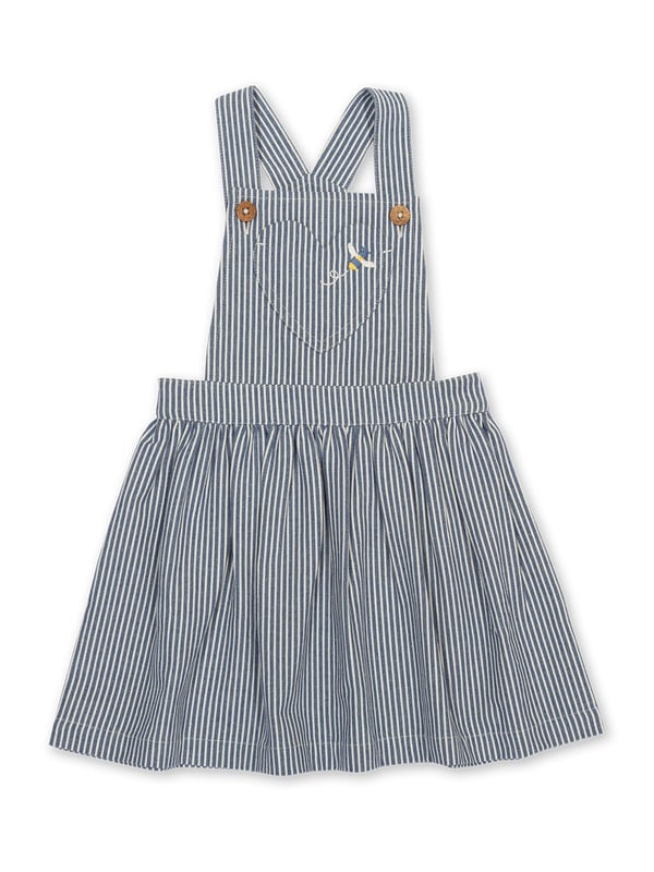 100% organic cotton | Proud to be certified to the Global Organic Textile Standard (GOTS) | Navy blue and cream ticking stripe | Bumble bee embroidery | Adjustable straps with coconut buttons | Front bib pocket | Elasticated waistband | Made in India | Machine washable at 40 degrees, or at 30 degrees to be kinder to the planet