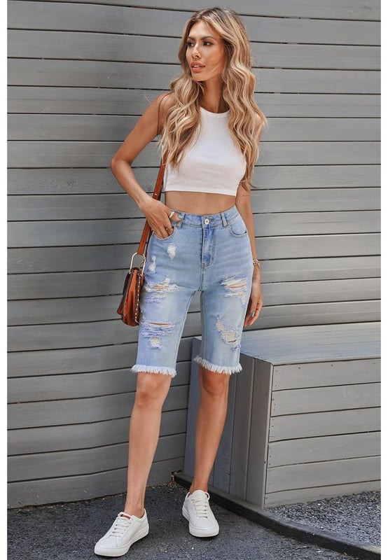 Women's distressed denim bermuda shorts cheap