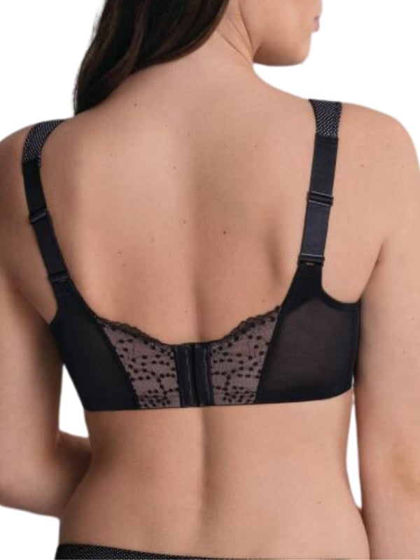 Anita Orely Support Soft Cup Bra. Soft cup with wide cushioned straps and three section cups made from a polka dot patterned knitted fabric. Product is recommended hand wash only.
