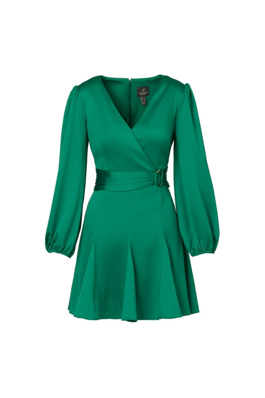 Short length mermaid dress made out of a solid satin fabric with surplice neckline, long sleeves, shirred self-tie belt and gold ring detail on the waist, inserted godet skirt, and zipper at the centre back.