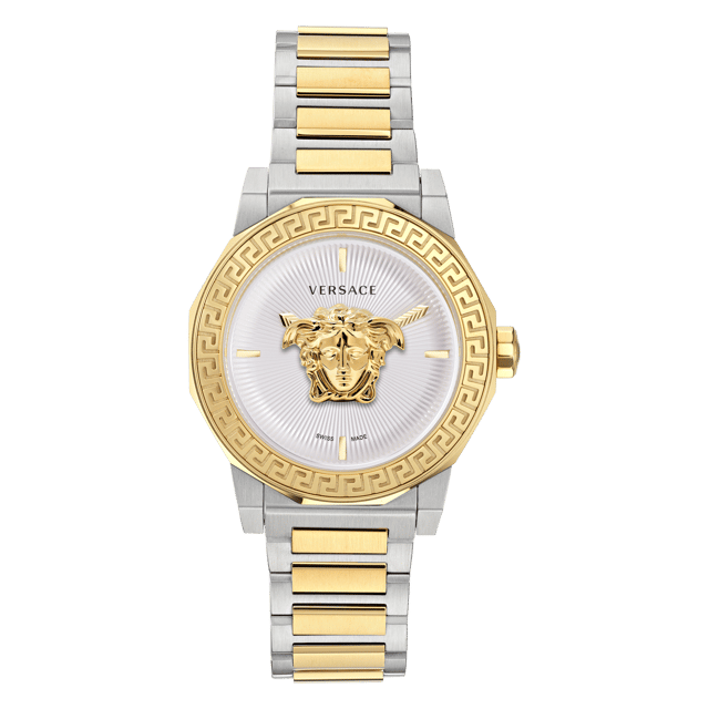 This Versace Medusa Deco Analogue Watch for Women is the perfect timepiece to wear or to gift. It's Multicolour 38 mm Round case combined with the comfortable Multicolour Stainless steel watch band will ensure you enjoy this stunning timepiece without any compromise. Operated by a high quality Quartz movement and water resistant to 5 bars, your watch will keep ticking. This high quality watch is an incredible eye-catching Women watch. This Analogue watch has a has a Swiss Made Movement High quality 19 cm length and 18 mm width Multicolour Stainless steel strap with a Deployment clasp Case diameter: 38 mm,case thickness: 12 mm, case colour: Multicolour and dial colour: White