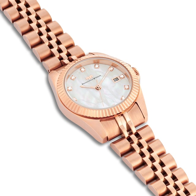 GENERAL INFORMATION:  • Targetgroup: Female  • Wristwatch: No Special Functions  • Display: analogue  • Weight of watch w/o box (gr.) - approx.: 60  • model series: Cassina  MOVEMENT:  • Movement: Quartz  • Term of Movement: 2015  • Origin of movement: Japan  BRACELET:  • Material of bracelet/strap: Stainless steel  • Plating of bracelet/strap: Ion-Plating (IP)  • Finishing of bracelet/strap: Polished/brushed  • Finishing/Decoration of bracelet/strap: None  • Clasp/Closure/Buckle: Security-folding clasp  • Color of bracelet/strap: Rosegold  • Length of bracelet/strap (mm) approx.: 210,0  • Width of bracelet/strap (mm) approx.: 13,8  • Style/Design of bracelet/strap: Link bracelet  • Bracelet/strap adjustable?: Yes  CASE:  • Shape of case: Round  • Size/Diameter of case in mm . approx.: 27,5  • Height of case in mm: 8,9  • Case material: Stainless steel  • Surface of case: Brushed  • Bezel/Topring: Fixed  • Finishing/Decoration of case: Grooved  • Material of case back: Stainless steel  • Lock of case back: Pressed  • Color of case: Rosegold  • Coating/Plating (Case): Ion-Plating (IP)  • Type/Form of crystal: Flat  • Material of crystal: Mineral crystal  • Water resistant (ATM): 5  DIAL:  • Size jewelry care cloth: Hour, Minute, Second, Date  • Indices: Embellished with Swarovski crystals®  • Material of dial: Mother of Pearl (MOP)  • Structure/pattern of dial: Flat  • Color of dial: White  PUSHER, CROWN, HAND:  • Pusher: No screwed-in crown  • Corrector: No  • Crown: No screwed-in crown  • Type of hands: Pole hand  • Luminescent (hands): Yes  PACKAGING & SCOPE OF DELIVERY:  • Box: Yes  • Service booklet: Yes  • Manual: Yes