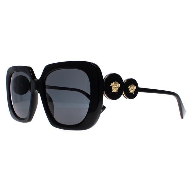 Versace Square Womens Black Dark Grey VE4434  Sunglasses are a bold and striking eyewear option that blends modern design with luxury details. With a square frame made of high-quality acetate, these sunglasses feature tinted lenses that provide 100% UV protection. The Medusa head emblem and gold-tone detailing on the temples add a touch of glamour to the design.